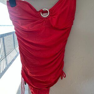 Michael Kors Red Ruched One-Piece Swimsuit with Silver Ring